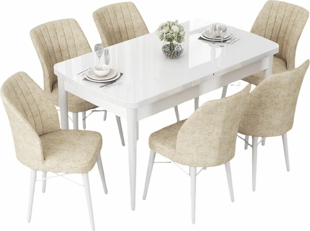 Tavolinë me karrige për ngrënie, e zgjatshme, 7 copë, ngjyrë e bardhë dhe krem, Skye Decor, Nef