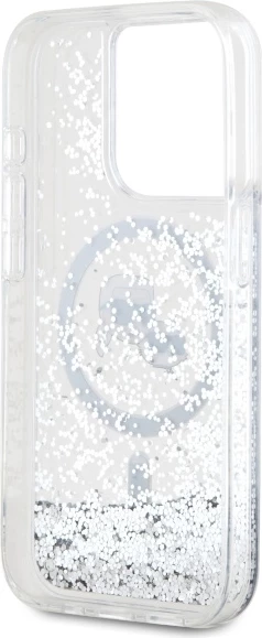 Mbështjellës Karl Lagerfeld Liquid Glitter Karl & Choupette Head MagSafe për iPhone 15 Pro Max, Transparent