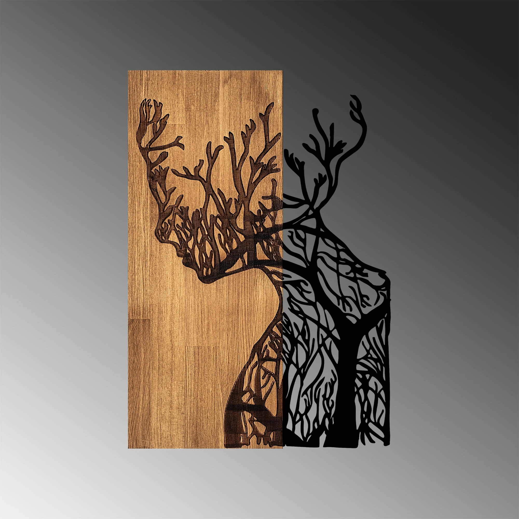 Aksesor dekorativ për mur, dru dhe metal, Wallity, grua pemë, 41x3x58cm