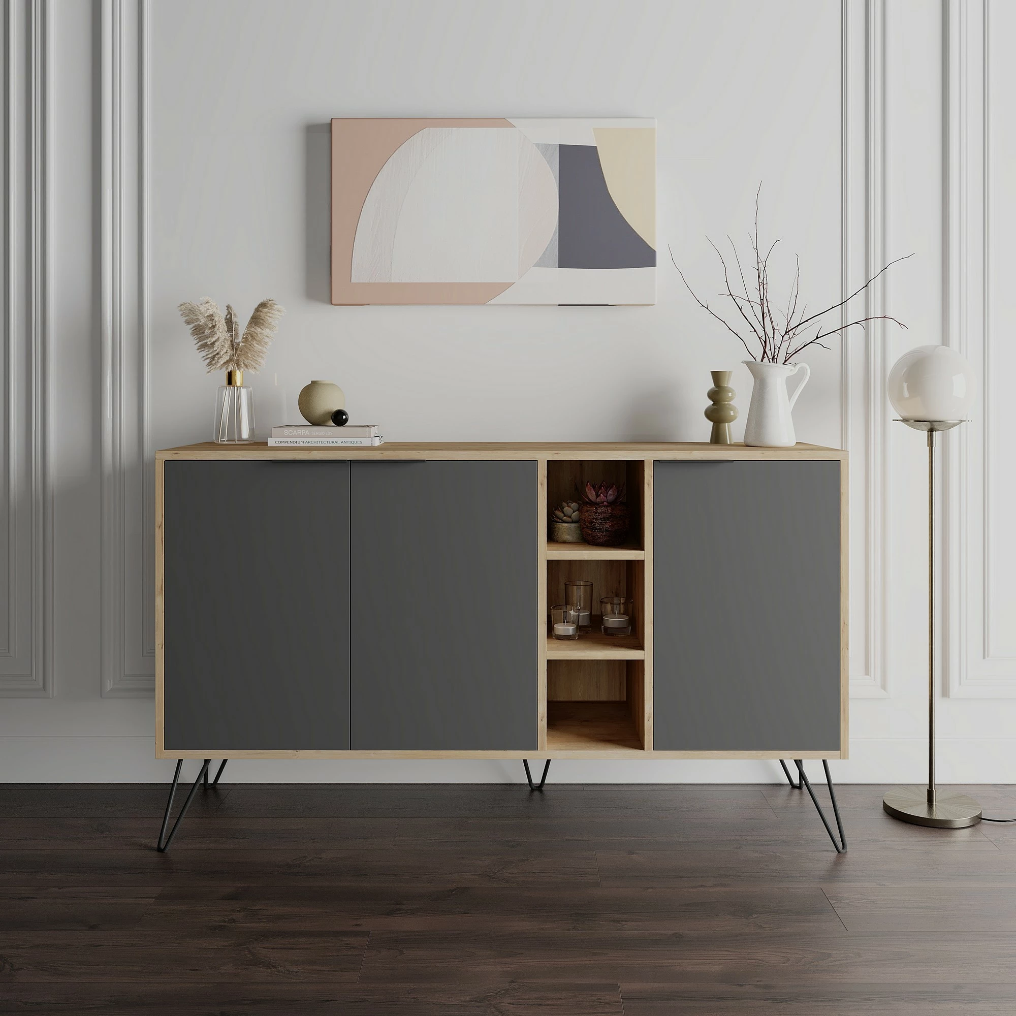 Konsolë moderne, ngjyrë lis dhe antracit, Skye Decor, Clara