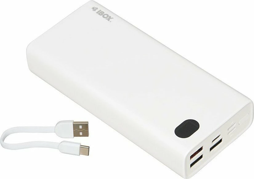 Powerbank iBOX PB20 20000mAh, 22.5W, QC 3.0/PD, me display, 2x USB-A + 1x USB-C, i bardhë, me kabllo USB-C