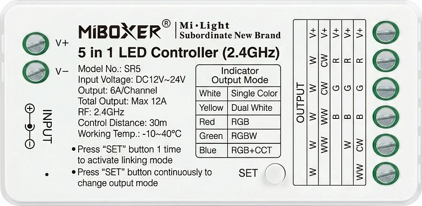 Kontroller LED Miboxer SR5 5in1, WiFi + 2.4G, DC 12-24V, RGB/RGBW/RGB+CCT