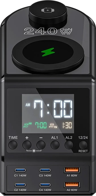 Orë alarmi me karikues 10‑në‑1, BlitzWolf BW-FW10, 4x USB-C + 2x USB-A, 2 karikim pa tela (telefon 15W + smartwatch 5W), PD 3.1 deri 240W, e zezë