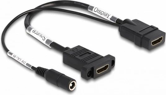 Kabllo HDMI DeLOCK 4K 60Hz me injektim rryme DC 2.1x5.5mm, 0.3m, e zezë