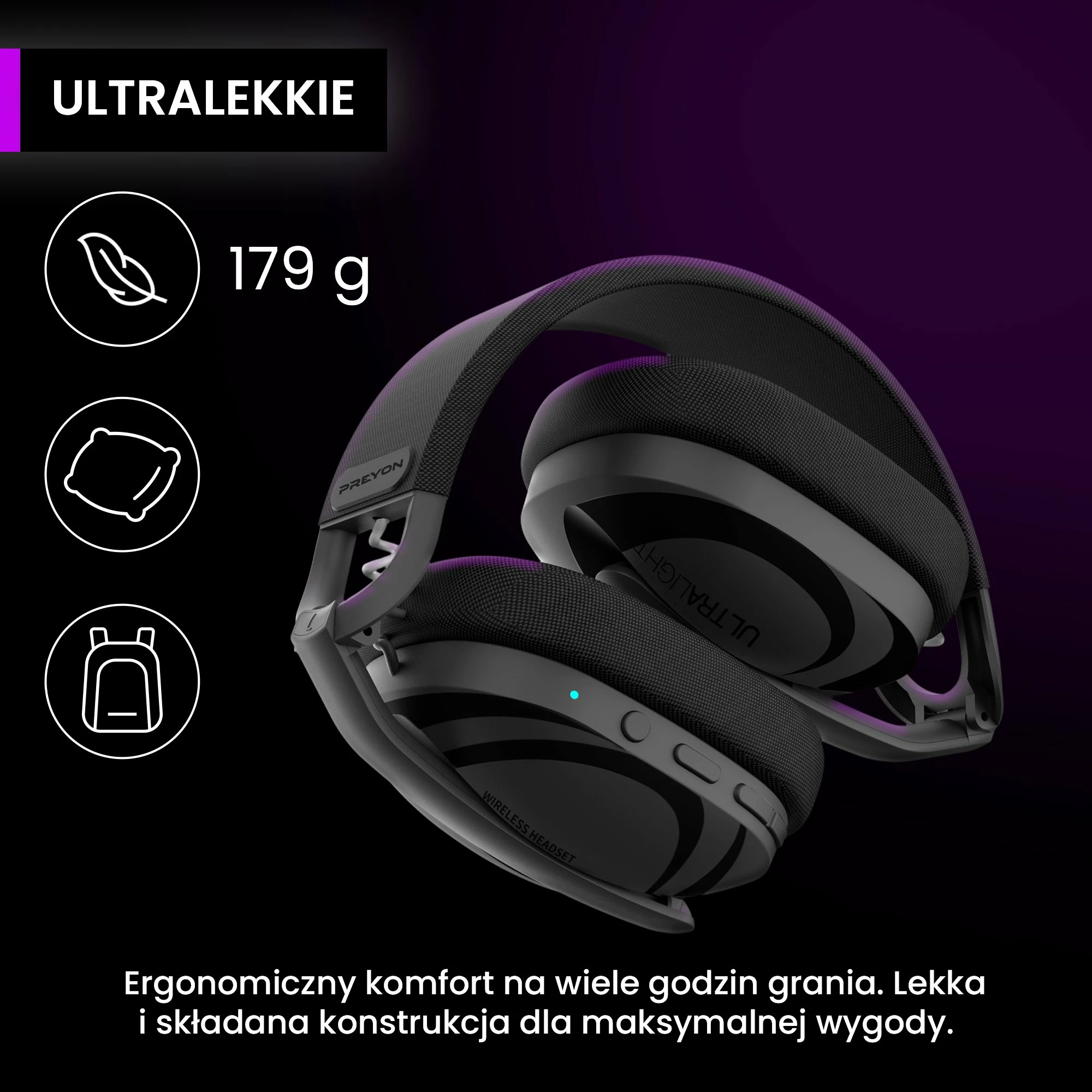 Kufje gaming PREYON Tornado Fly PTF40B, 7.1, Bluetooth 5.2 + wireless 2.4GHz, bateri deri 50h, e zezë