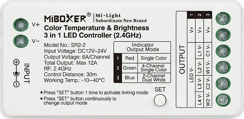 Kontrollues LED Miboxer SR2-2, 3n1 Single/CCT, DC12/24V, 2.4GHz