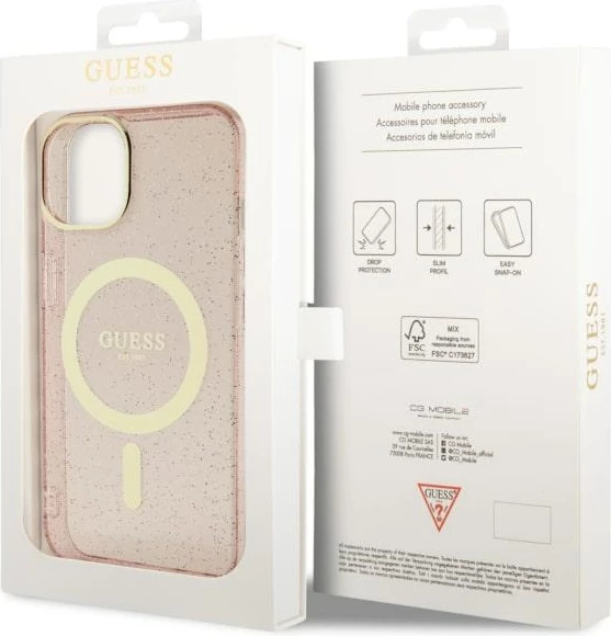 Mbështjellës Guess GUHMP14MHCMCGP për iPhone 14 Plus 6.7", Glitter Gold MagSafe, Rozë