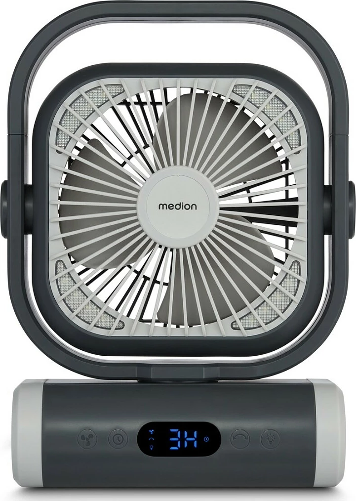 Ventilator kampingu Medion LIFE E10 TF (MD 12065), bateri 10000 mAh, LED, me telekomandë, gri/bardhë