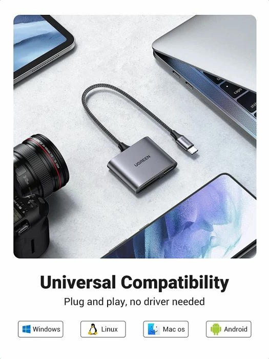 Lexues kartelash USB-C UGREEN 80798 3-në-1 SD/microSD + USB-A, 5Gbps, gri