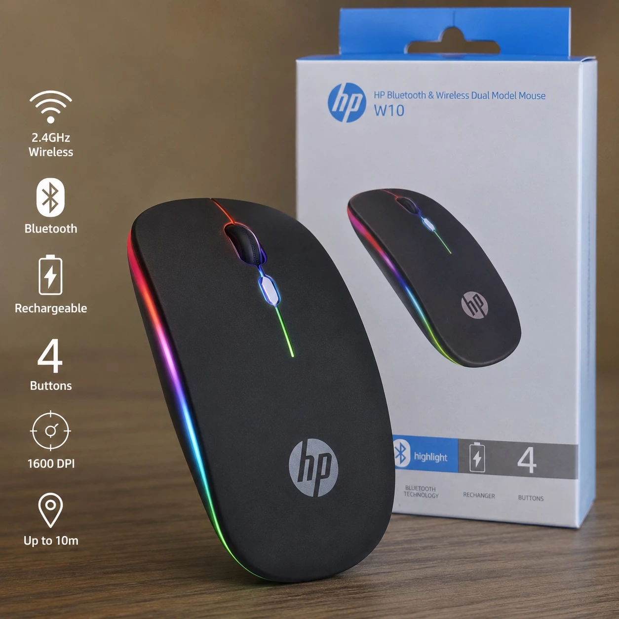 Maus Wireless HP W10 Dual-Mode Bluetooth/2.4 GHz, RGB, 1600 DPI me mbushje Type C
