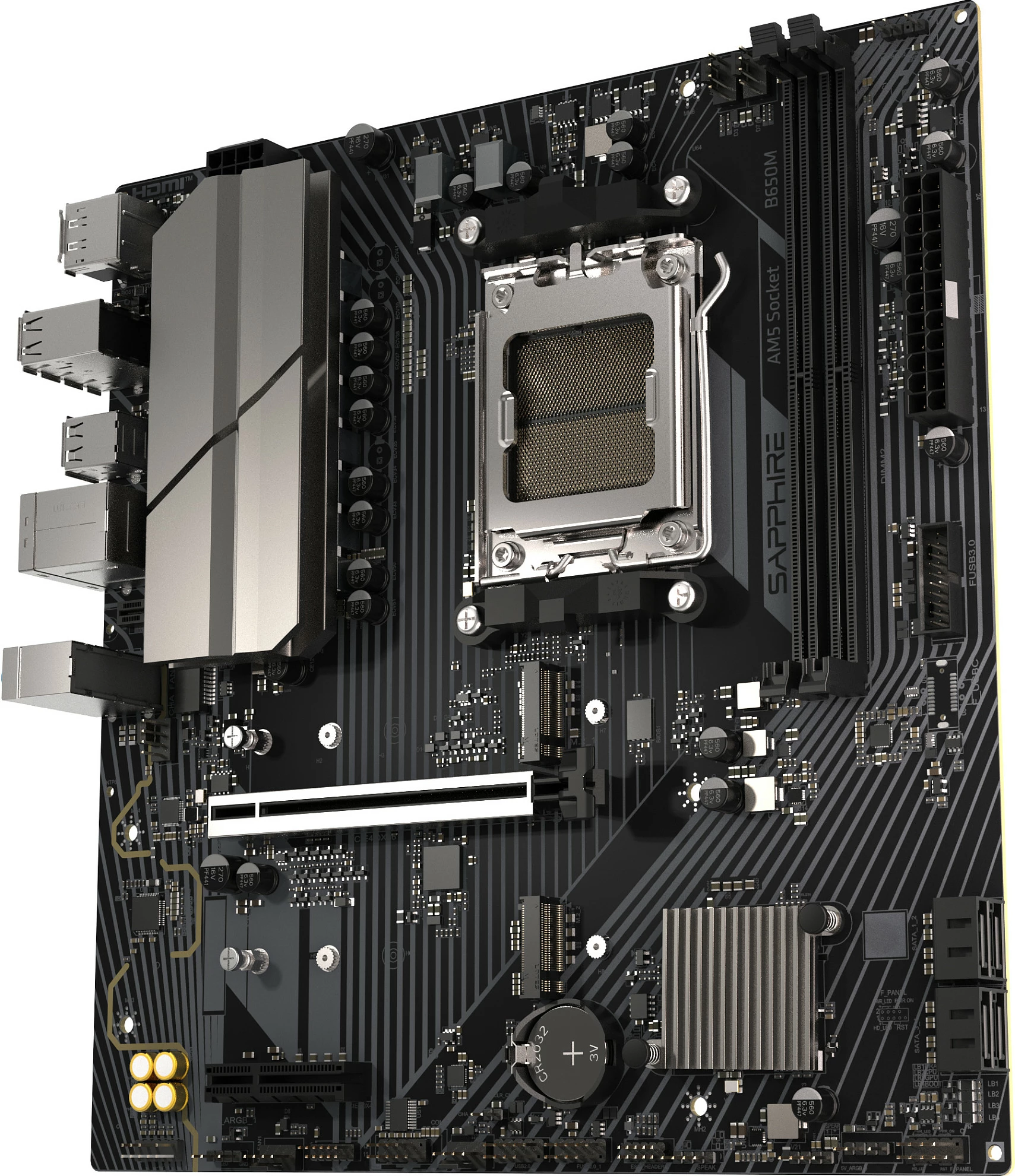 Pllakë amë Sapphire B650M-E, Socket AM5, DDR5 deri 96GB, mATX, 2x M.2 PCIe 5.0/4.0, e zezë/gri
