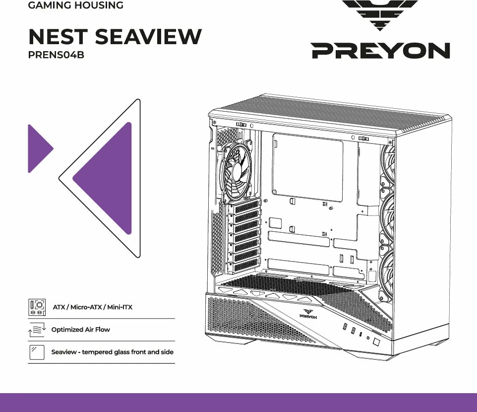 Kasë PREYON Nest Seaview Midi Tower ATX/Micro-ATX/Mini-ITX, xham i temperuar, 4 ventilatorë ARGB, USB-C, e zezë