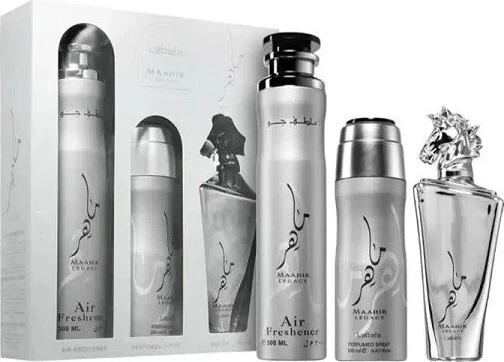 Set Eau de Parfum + Deodorant + Air Freshener për meshkuj Lattafa Maahir Legacy 100ml + 200ml + 300ml