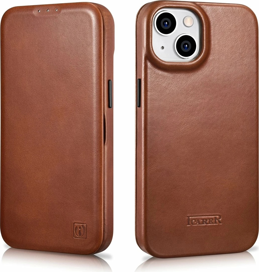 Mbështjellës iCarer Oil Wax Premium Leather Folio për iPhone 14 Plus, MagSafe, kafe