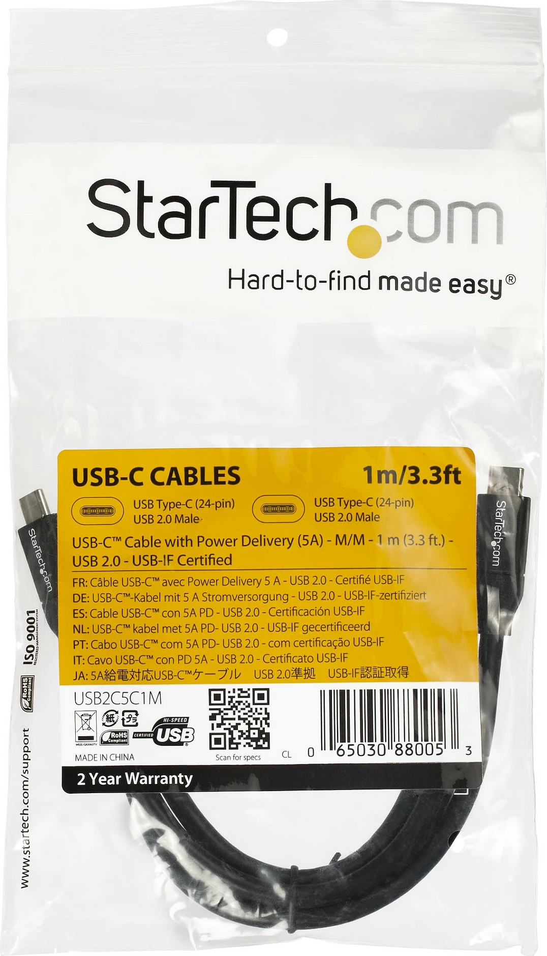 Kabllo USB-C StarTech USB2C5C1M, 1m, USB 2.0, PD 5A (100W), e zezë