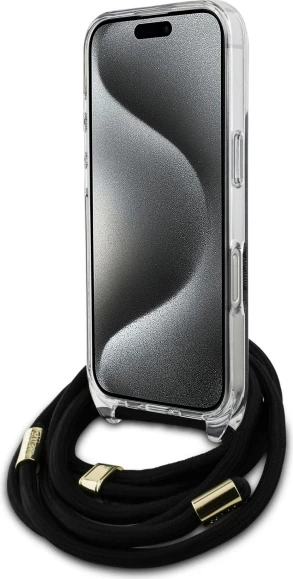 Mbështjellës Guess Crossbody Cord 4G Print për iPhone 16 Pro Max, i zi