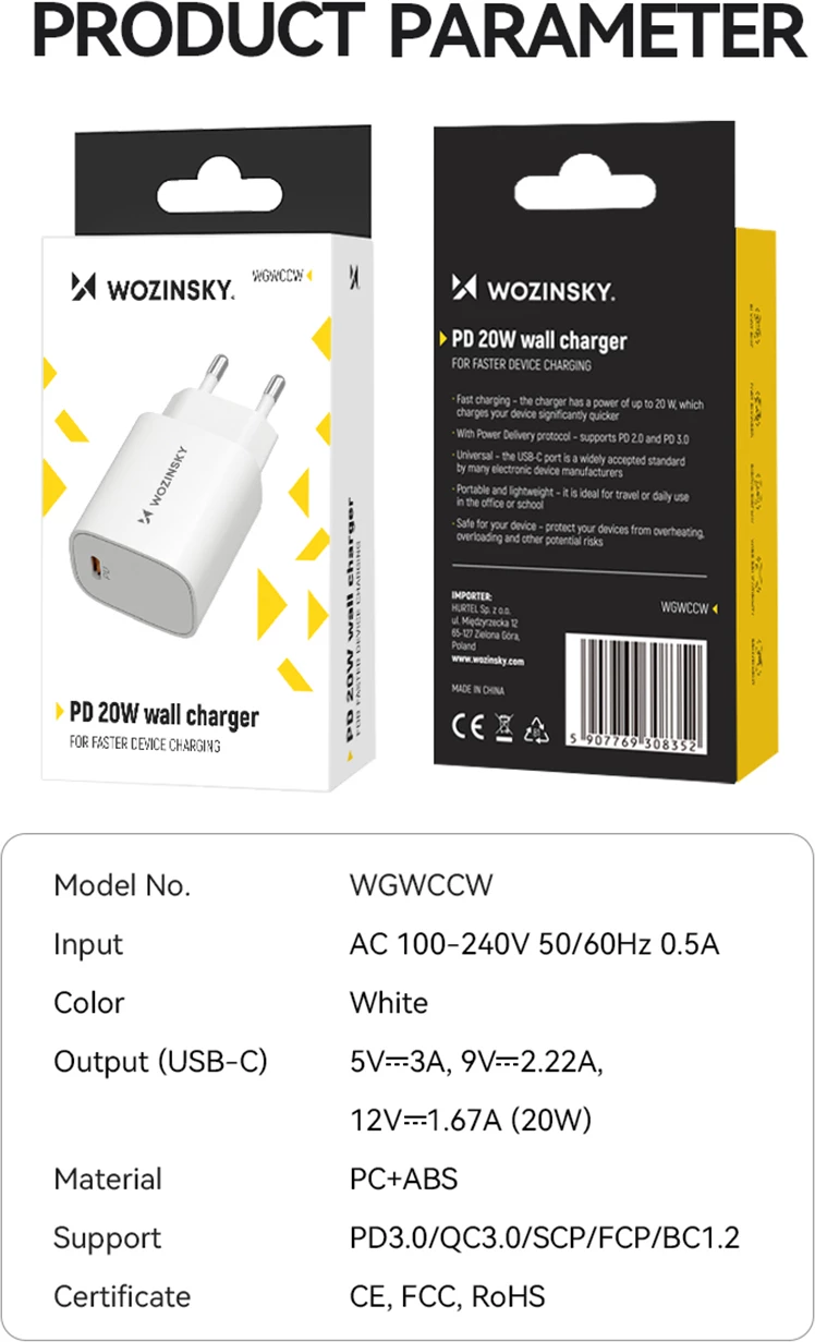 Karikues muri Wozinsky WGWCCW, 20W, USB-C, i bardhë
