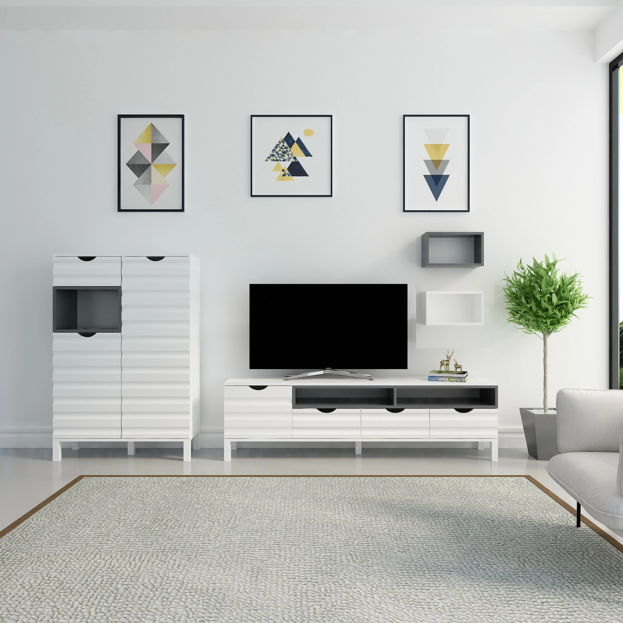 Komodë TV Skye Decor, bardhë dhe antracit, Adel