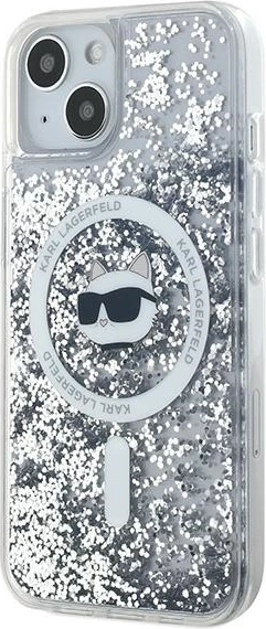 Mbështjellës Karl Lagerfeld Liquid Glitter Choupette Head MagSafe për iPhone 15 Plus / 14 Plus, Transparent