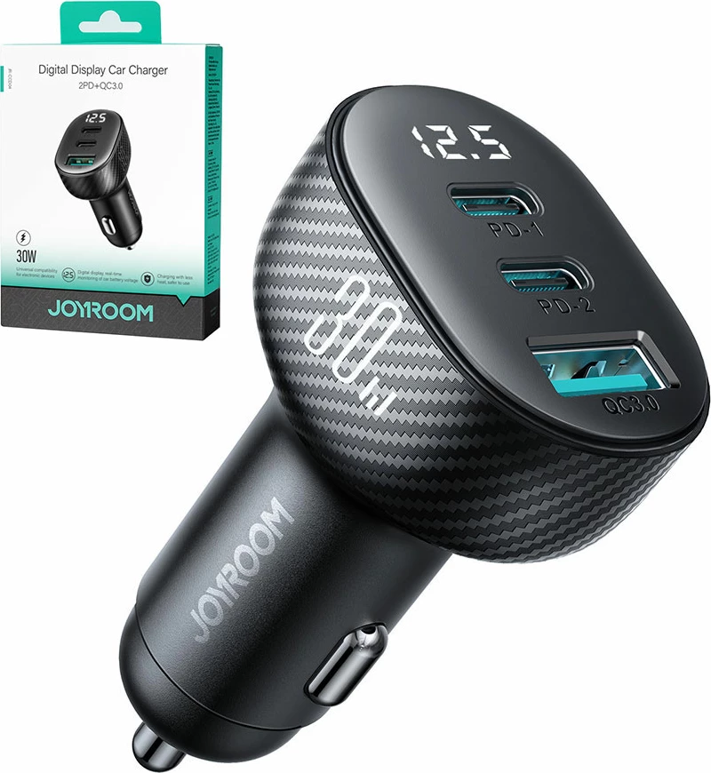 Karikues veture Joyroom JR-CCD04, 30W, 2x USB-C, USB-A, me ekran, i zi