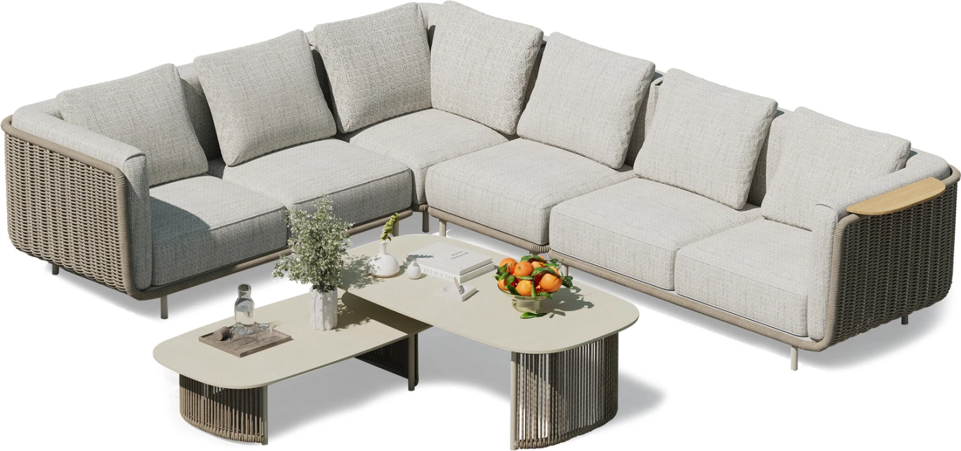 Set lounge për jashtë, 6 pjesë, seri Nexus CD6178, alumin, ratan i përdredhur, dru tik, gur i sinterizuar