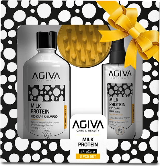 Set 3 pjesësh Pro Care Agiva Milk Protein Amino Complex (Shampon 500 ml+Qumësht 200 ml+Krehër)