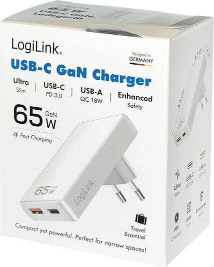 Karikues prizë LogiLink 65W, 1x USB-A + 1x USB-C, i bardhë