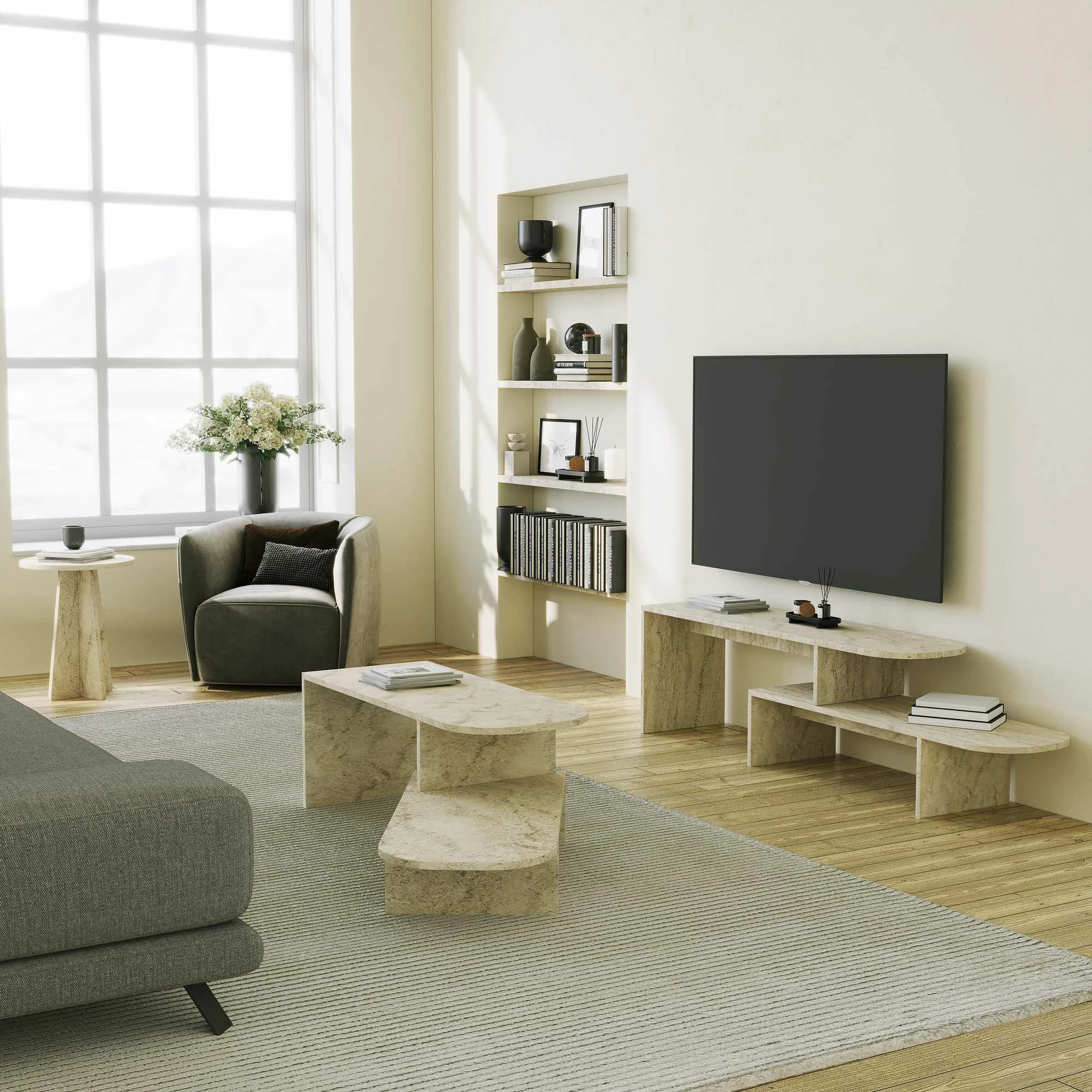 Komodë TV Skye Decor, Puzzle, ngjyrë travertine