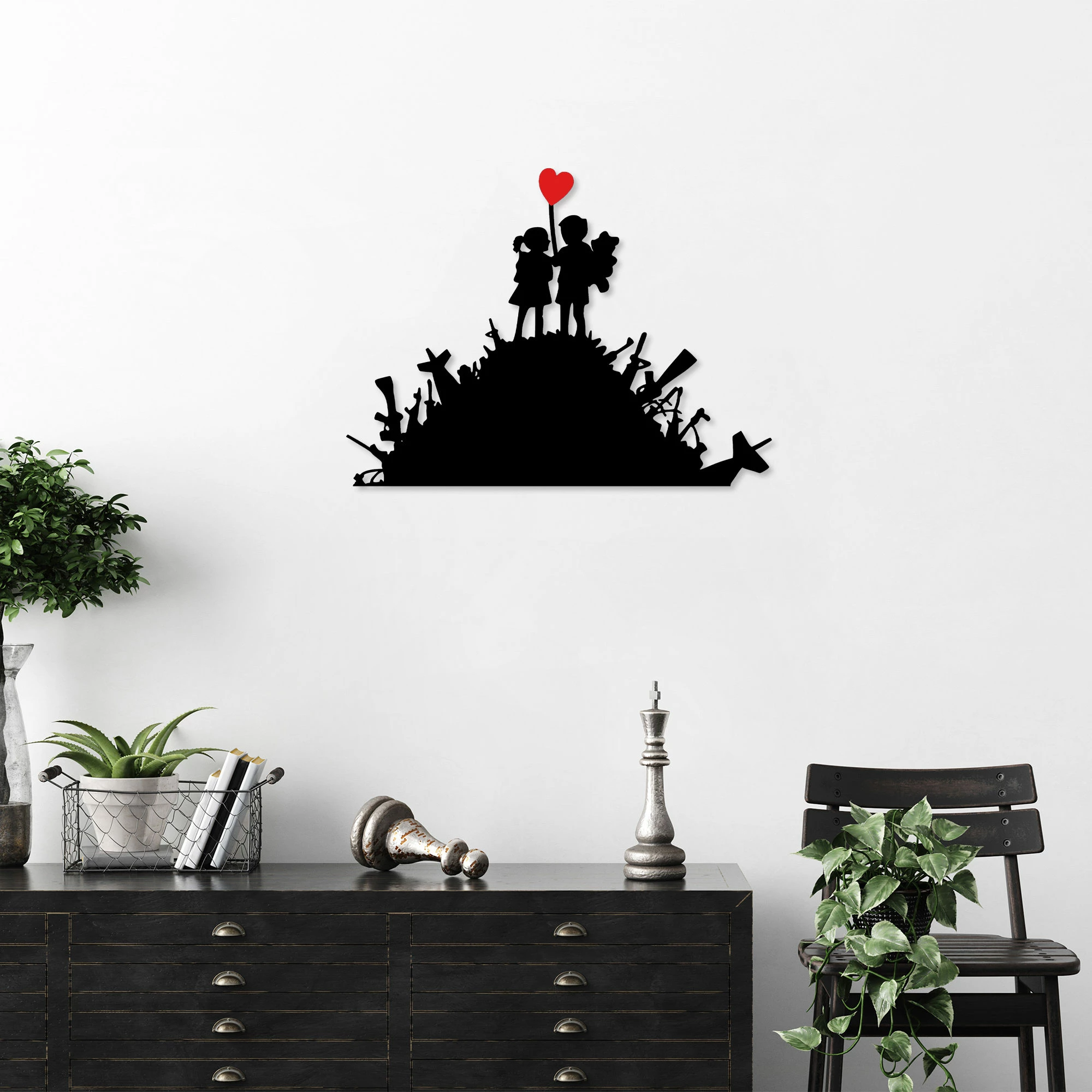 Aksesor dekorativ metalik për mur, Wallity Banksy, zi e kuqe, 52x70cm
