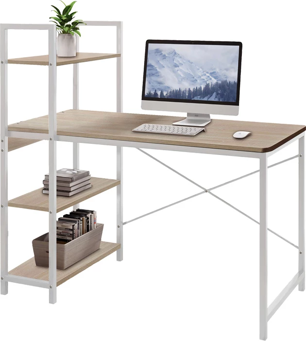 Tavolinë studimi Bencour me raft librash, MDF ngjyrë lisi, metal i bardhë, 90x40x73cm