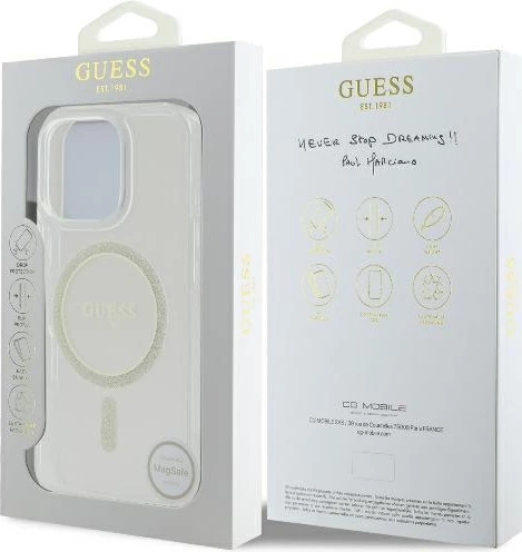 Mbështjellës Guess IML Glitter Circle MagSafe për iPhone 16 Pro 6.3", transparent