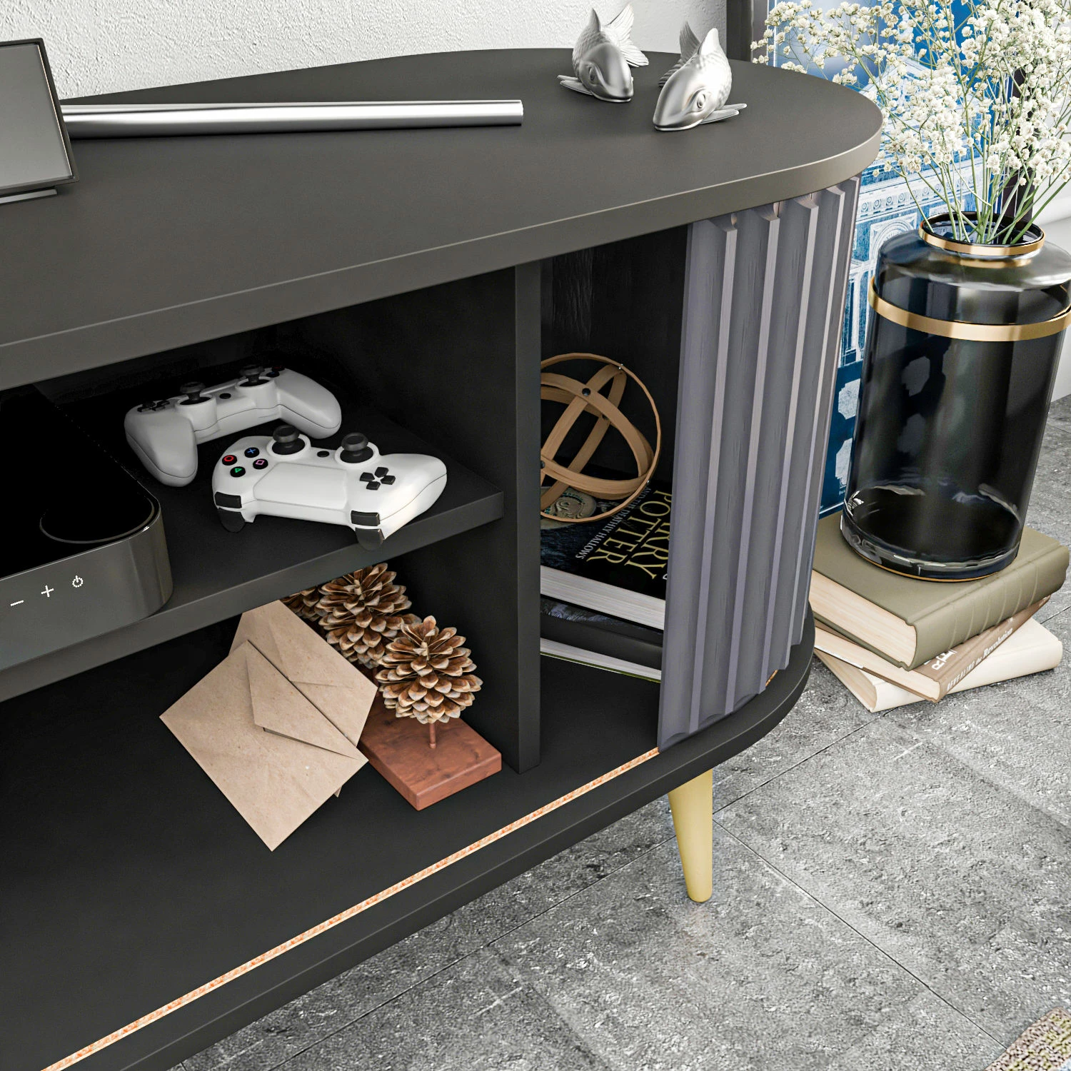 Komodë TV Skye Decor, e madhe, ngjyrë e zezë dhe antracit