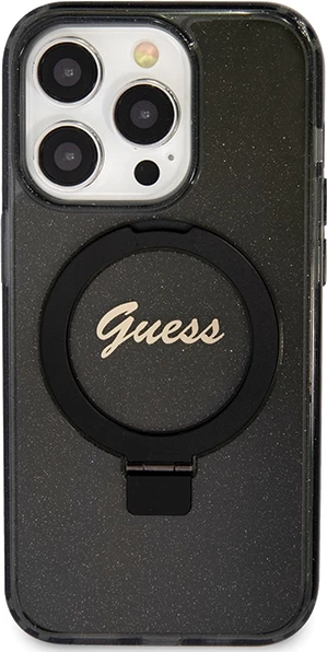 Mbështjellës Guess Ring Stand Script Glitter MagSafe për iPhone 15 Pro Max, i zi
