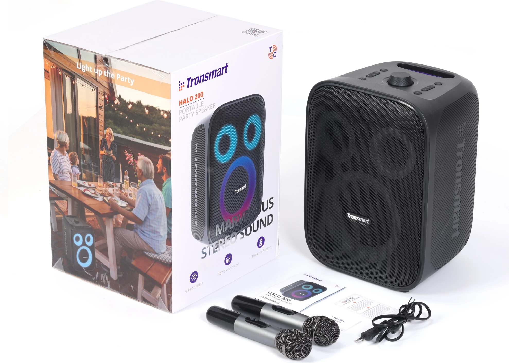 Altoparlant portativ Tronsmart Halo 200, 120W, me 2 mikrofonë wireless, i zi, set