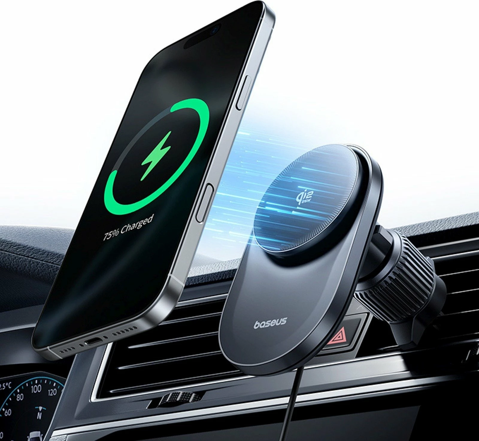 Mbajtës telefoni për veturë Baseus PrimeTrip VC2 Pro, magnetik, montim në grilë ventilimi, karikim wireless Qi2.2 25W, ventilator ftohës, USB-C, i zi, me kabllo USB-C→USB-C