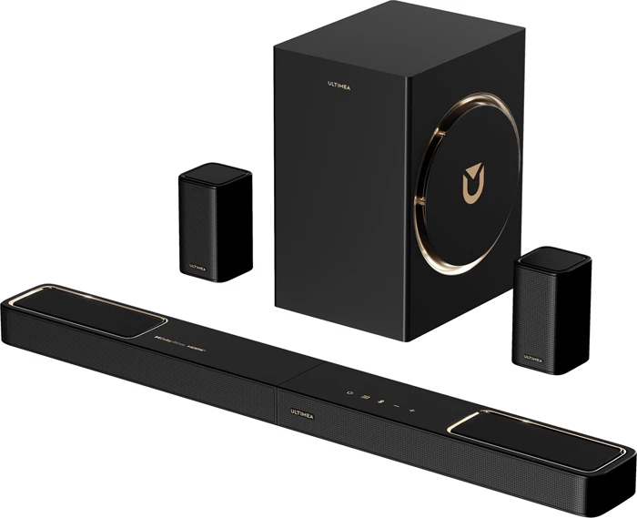 Soundbar Ultimea Skywave F40 BOOM 5.1.2 Dolby Atmos 460 W Bluetooth 5.4 HDMI eARC, e zezë, set me subwoofer + 2 altoparlantë surround