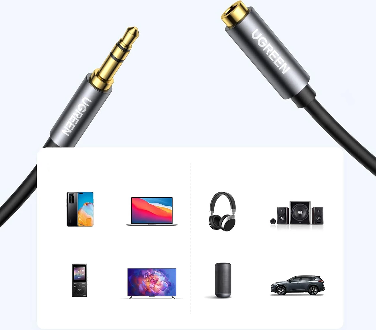 Kabllo audio zgjatues Ugreen AV118 10592, mini jack 3.5 mm mashkull/femër, 1m, argjendtë