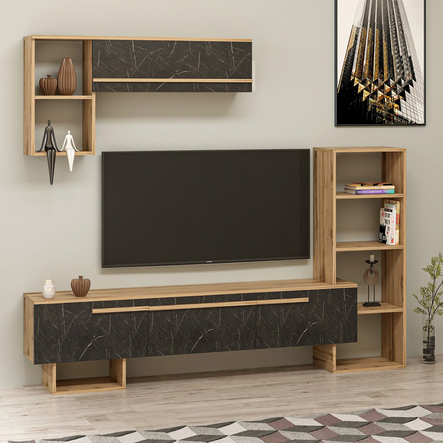 Komodë TV Hanah Home, Mega - Ciragan, Royal Marble, ngjyrë arre dhe e zezë