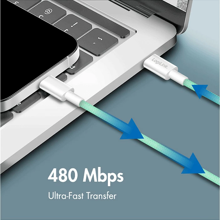 Kabllo USB-C LogiLink, USB 2.0 Type-C në Type-C, 0.5 m, 60W, nylon, e gjelbër