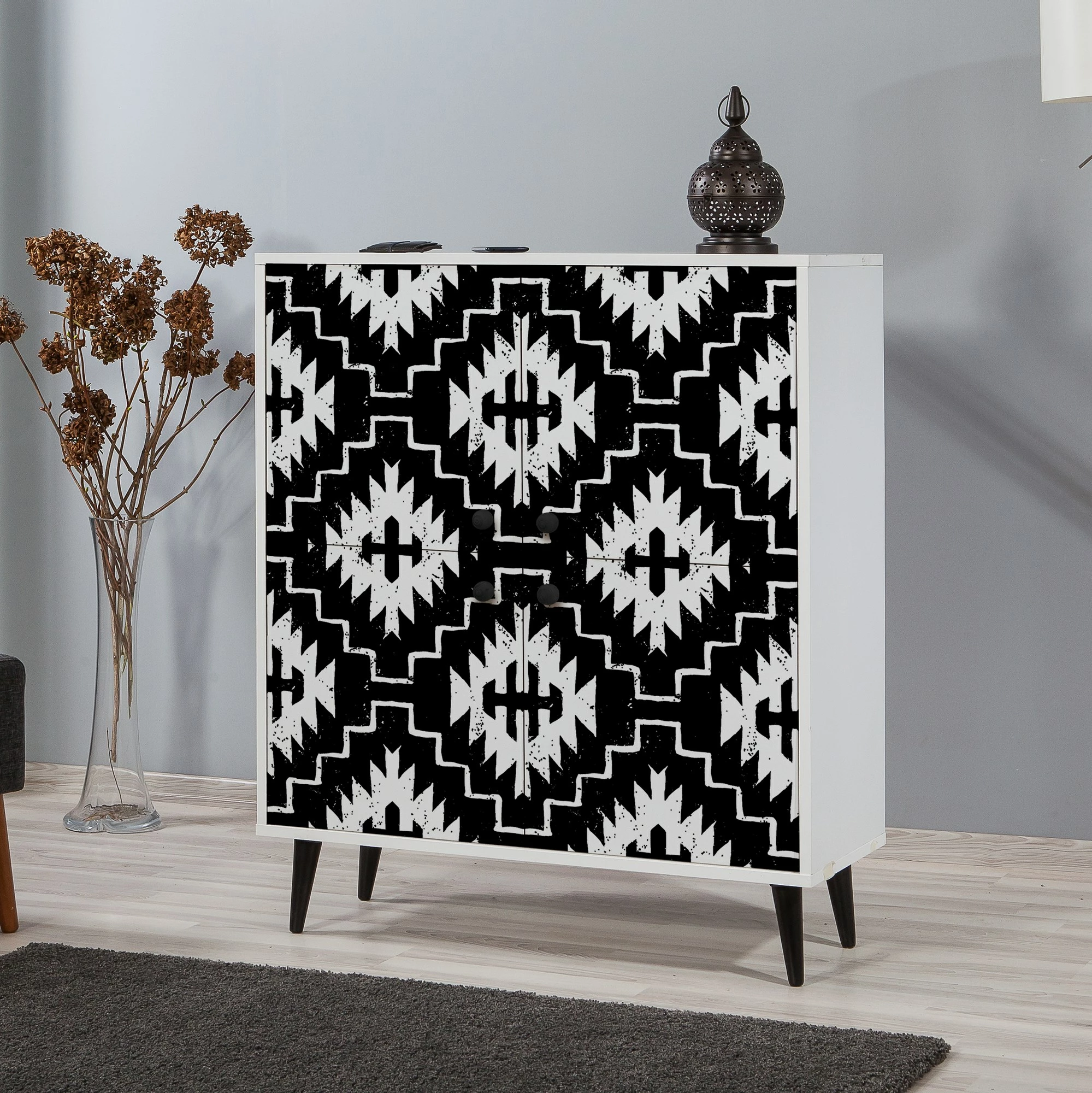 Dollap multifunksional Hanah Home, Multilüx Swan, ngjyrë bardhë/zi, model abstrakt, 95x111x36 cm
