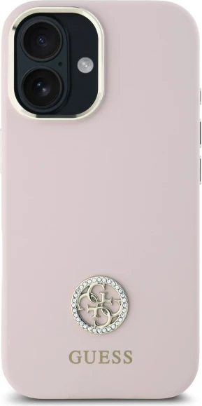Mbështjellës Guess Silicone Logo Strass 4G për iPhone 16, Rozë e çelët