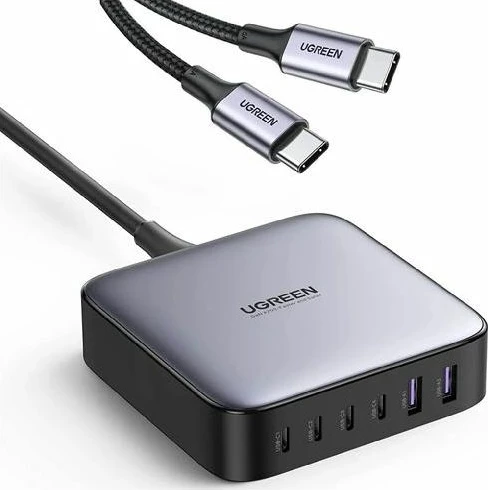 Karikues i shpejtë GaN II UGREEN 40914, 200W, 4x USB-C + 2x USB-A, PD/QC/PPS, e zezë/gri, set me kabllo rryme 2m + USB-C në USB-C 1m