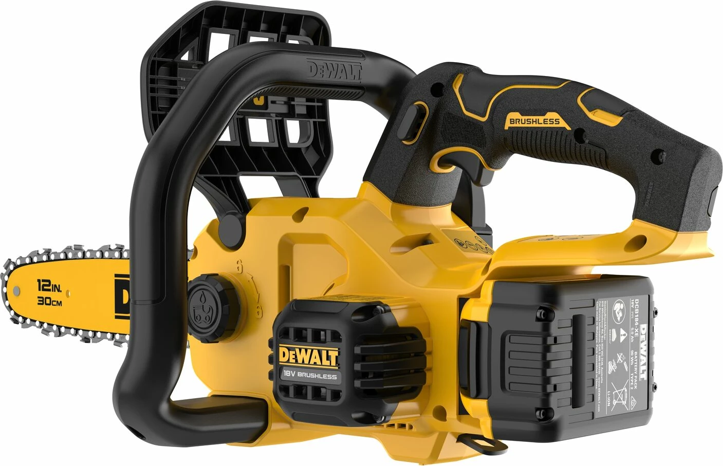 Sharrë me zinxhir akumulatorike DeWalt XR DCMCS565P1 18V, shinë 30 cm, Brushless, 1x5Ah, me karikues, e verdhë/zezë