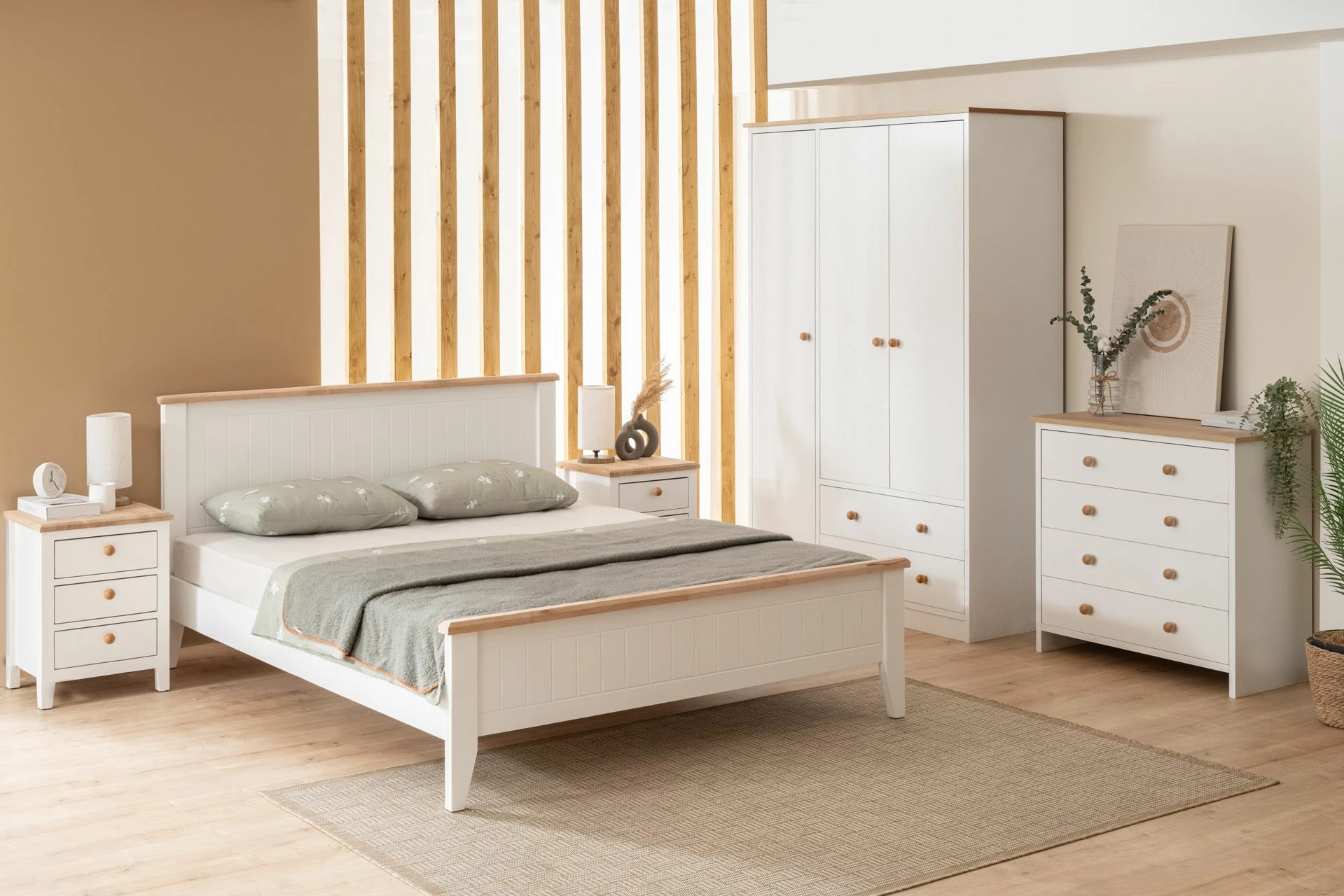 Krevat dopio Skye Decor, stil modern country, 160x200 cm, bardhë dhe lis