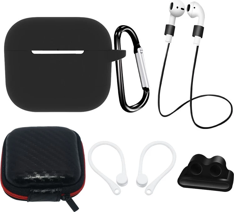 Set mbështjellës për AirPods 3 Hurtel, me karabiner, rrip qafe, mbajtëse për orë, ear hook, e zezë