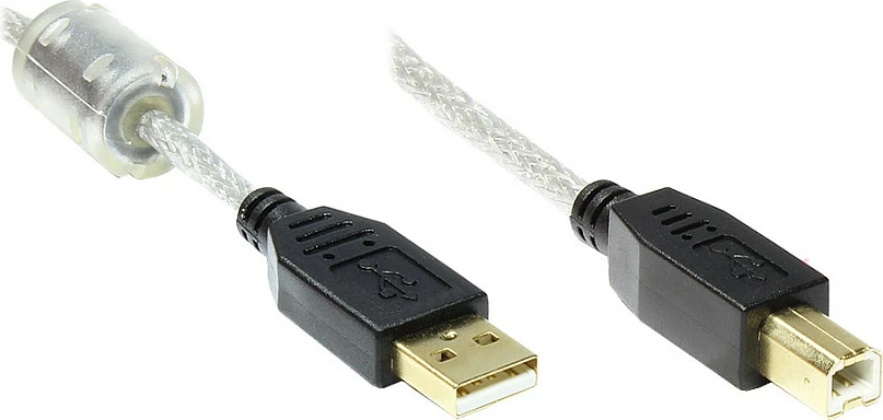 Kabllo USB GoodConnections USB 2.0 A-B, 3m, me ferrit, transparente