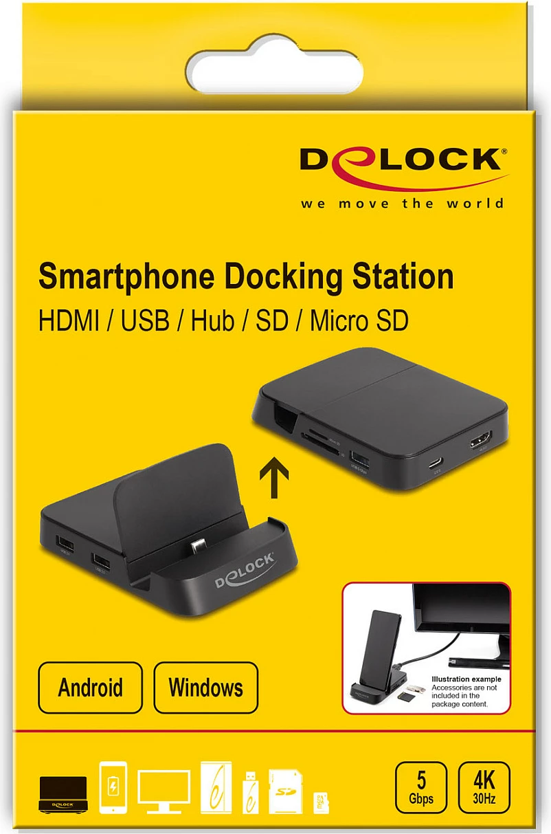 Docking station për Celular DeLOCK 4K USB-C, HDMI, USB Hub, SD/MicroSD, e zezë