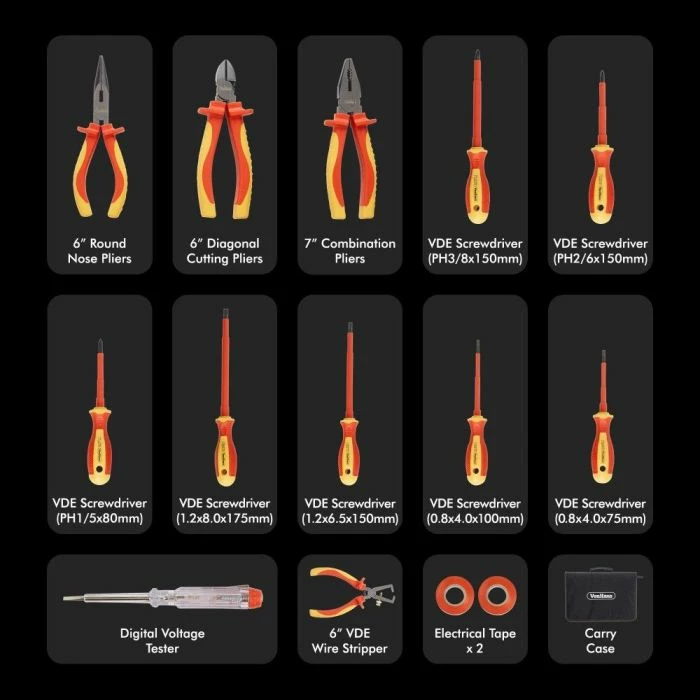 Set veglash dore VDE VONHAUS 3500066, 15 copë, kuqe/verdhë, me çantë