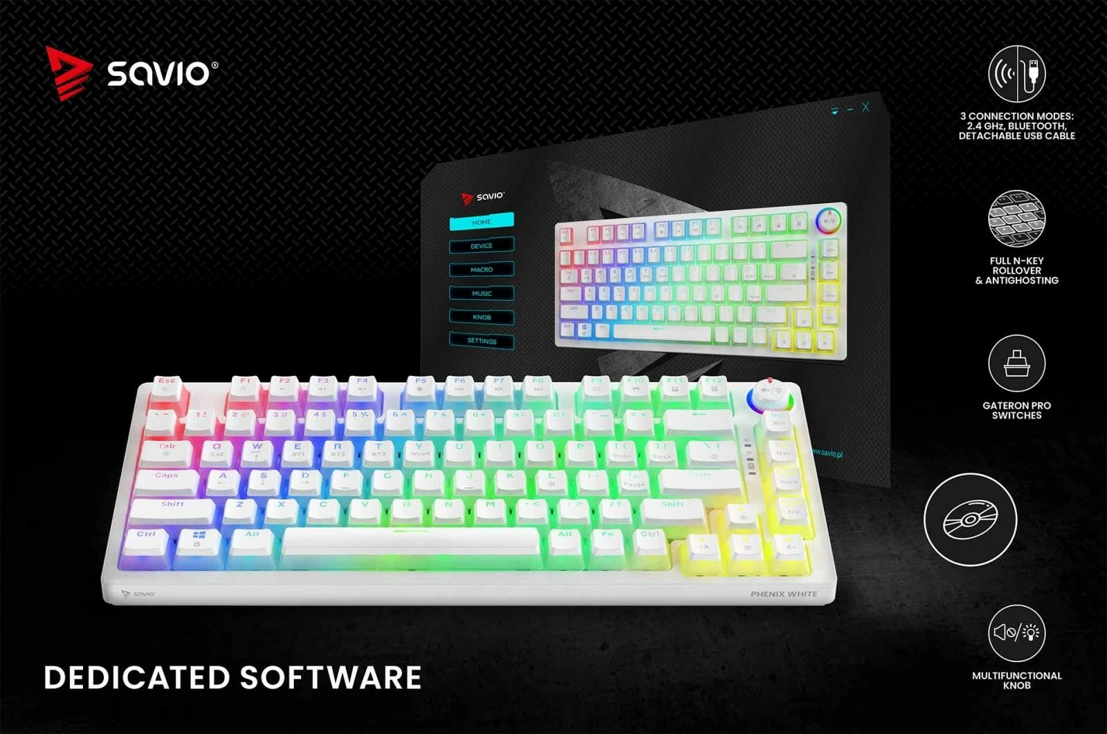 Tastierë mekanike wireless Savio Phenix White, Gateron Yellow, Pudding, RGB