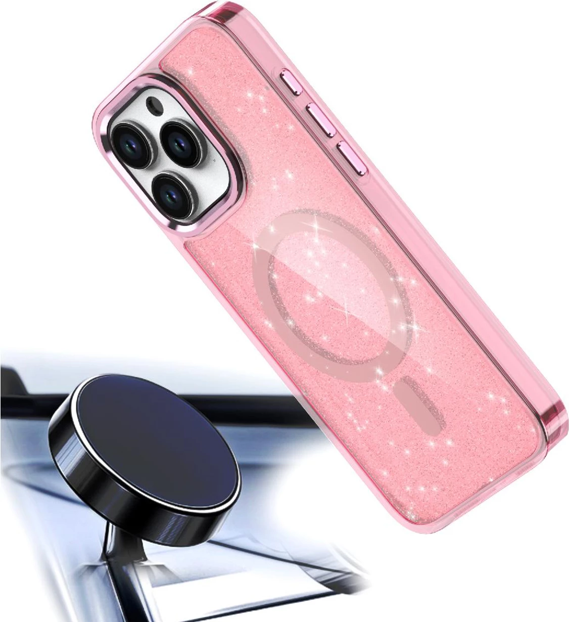 Mbështjellës Hurtel Glitter Case MagSafe për iPhone 16 Pro Max, rozë me shkëlqim